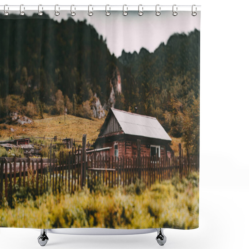 Personality  Fall Tiltshift Landscape With Coutry House And Mountains Shower Curtains