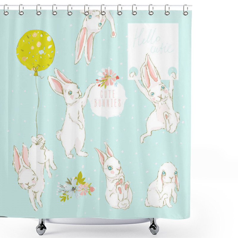 Personality  Cute Hand Drawn Woodland White Bunnies Set Shower Curtains