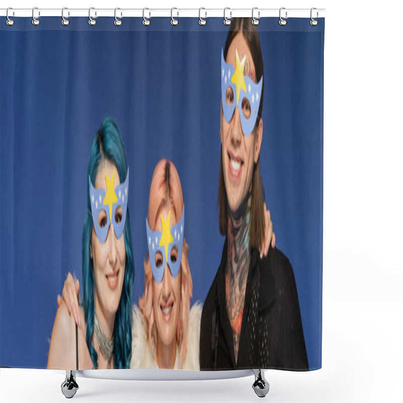 Personality  Happy Queer People In Party Masks Smiling At Camera Isolated On Blue, Banner Shower Curtains