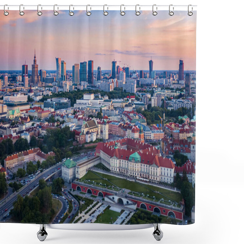 Personality  Warsaw, Poland. Aerial View Of The City At Sunset Shower Curtains