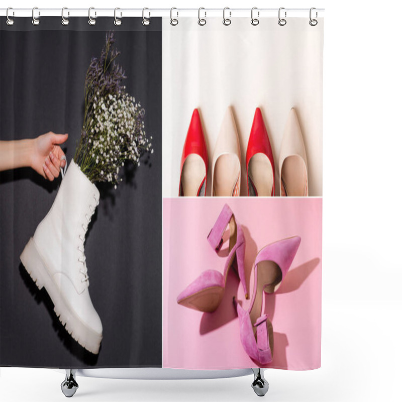 Personality  Collage Of Elegant Shoes And Woman Holding White Boot With Wildflowers Shower Curtains