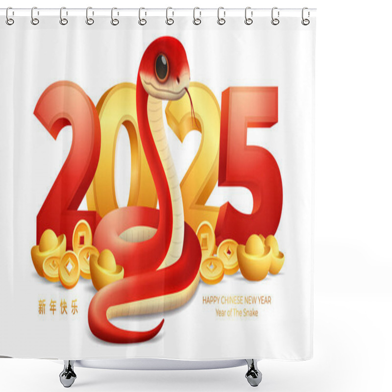 Personality  Chinese New Year 2025, Red Snake With 2025 3D Number, Golden Ingots And Coins Vector Illustration. (Translation : Year Of The Snake) Shower Curtains