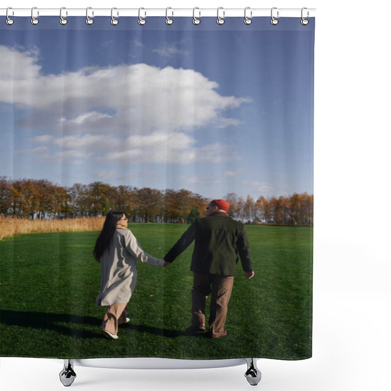 Personality  A Loving Couple Walks Hand In Hand Through A Vibrant Autumn Field, Basking In Warmth. Shower Curtains