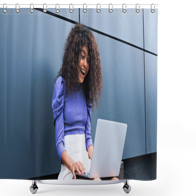 Personality  Amazed Young Freelancer Typing On Laptop Outside  Shower Curtains