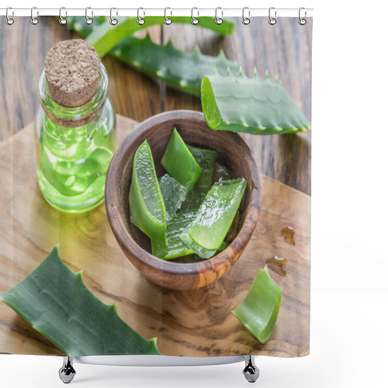 Personality  Fresh Aloe Leaves And Aloe Gel In The Cosmetic Jar On Wooden Table. Shower Curtains