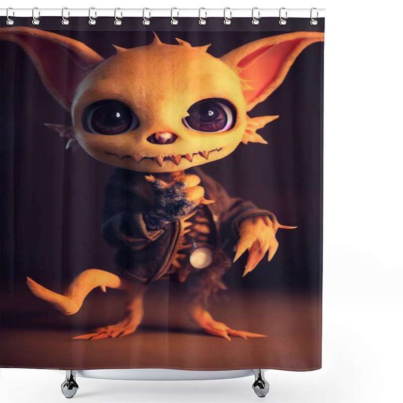 Personality  Tiny Cute Adorable Halloween Plush Goblin With Little Sharp Teeth. High Quality Illustration Shower Curtains