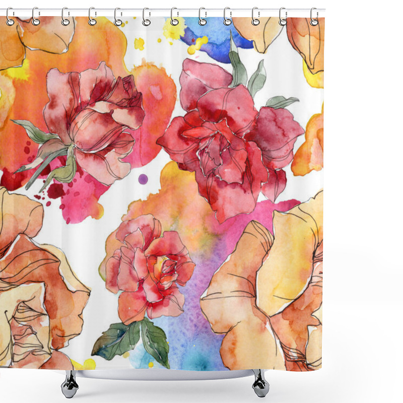 Personality  Orange And Red Rose Floral Botanical Flower. Wild Spring Leaf Isolated. Watercolor Illustration Set. Watercolour Drawing Fashion Aquarelle. Seamless Background Pattern. Fabric Wallpaper Print Texture. Shower Curtains