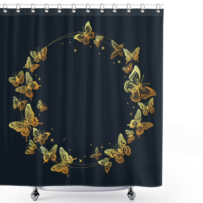 Personality  Golden Butterflies Frame, Gorgeous Butterfly Wedding Decoration. Gold Butterfly Wreath, Exotic Insects Circle Flat Vector Background Illustration. Flying Gorgeous Butterflies Element Shower Curtains