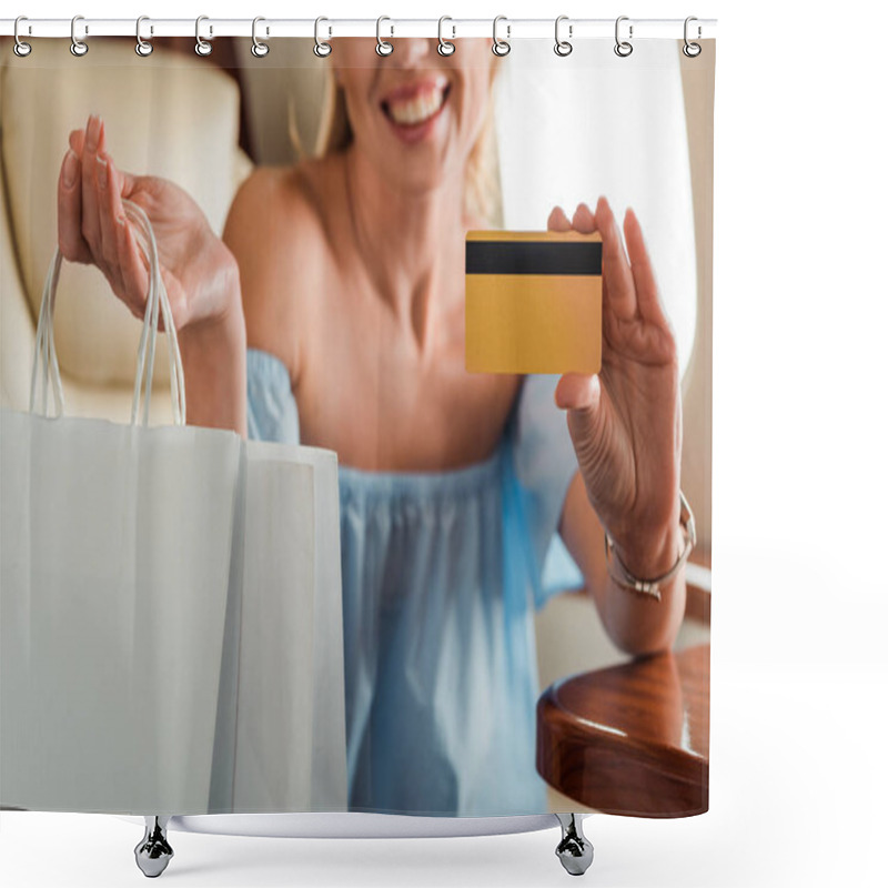 Personality  Cropped View Of Woman Holding Credit Card And Shopping Bags In Private Plane  Shower Curtains