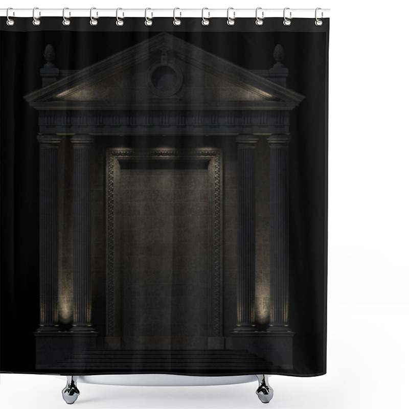 Personality  Black Portico With Backlight On A Black Background. Architectural Elements Of The Classic Facade Of A Building With A Niche. 3D Rendering Shower Curtains