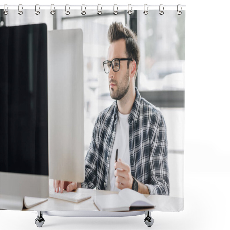 Personality  Focused Young Man In Eyeglasses Working With Desktop Computer Shower Curtains