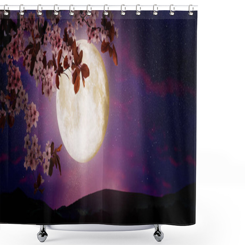 Personality  Fantasy Night. Blossoming Cherry Tree Branch And Starry Sky With Full Moon On Background Shower Curtains