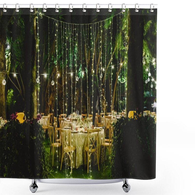 Personality  Beautiful Decoration For A Night Wedding, Illuminated With Led Lanterns, And Vintage Style Centerpieces. Shower Curtains