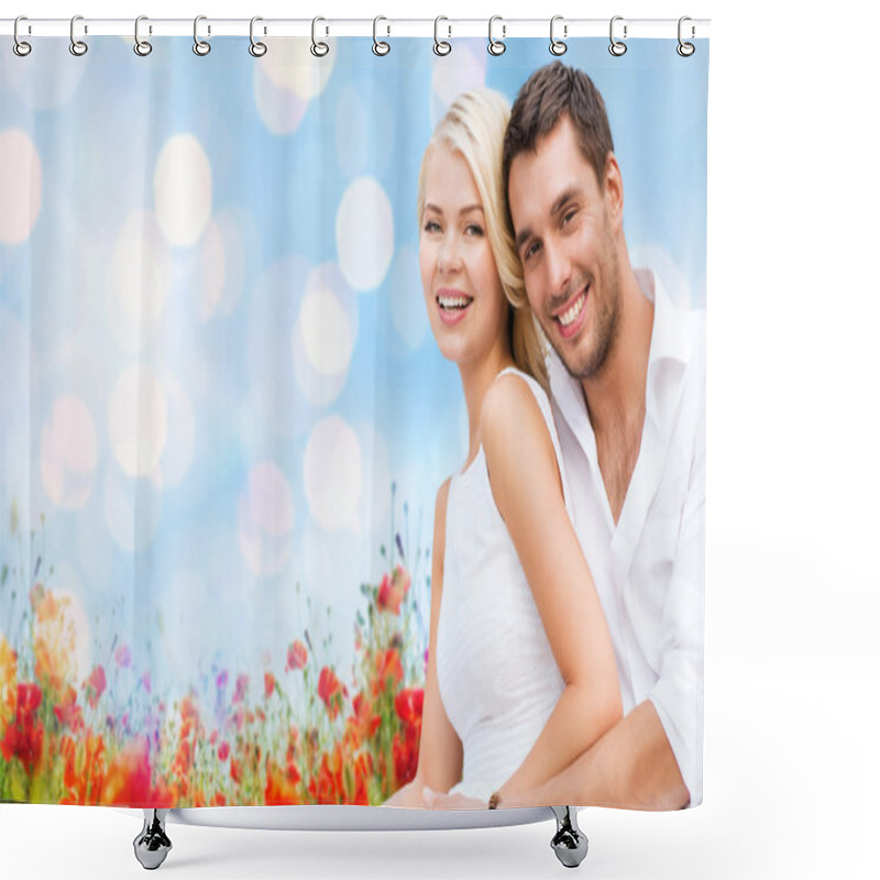 Personality  Happy Couple Having Fun Over Poppy Flowers Field Shower Curtains