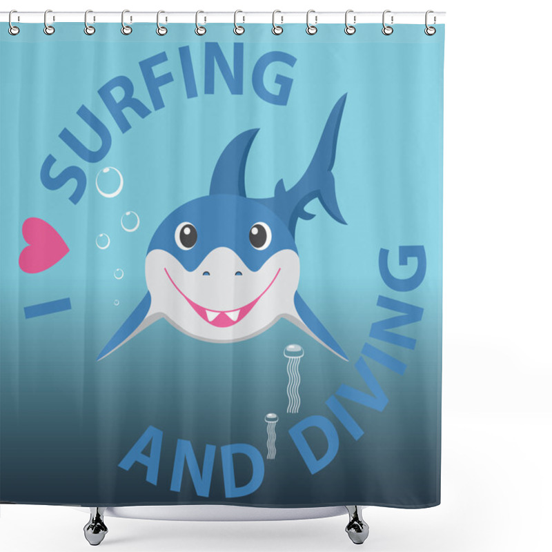 Personality  Surfing And Diving Summer Theme With Little Smiling Shark. Shower Curtains