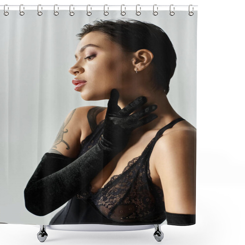 Personality  A Woman In Black Lingerie Poses With Long Gloves. Shower Curtains