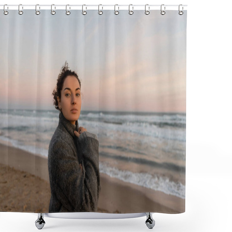 Personality  Young Woman Looking At Camera While Standing On Blurred Beach In Barcelona  Shower Curtains