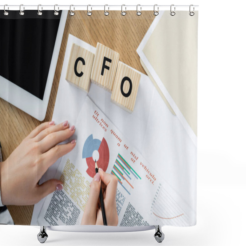 Personality  Top View Of Chief Financial Officer Working With Charts Near Digital Tablet And Cubes With Cfo Lettering  Shower Curtains