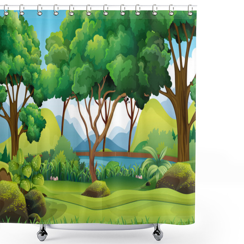 Personality  Forest Scene With River And Trees Shower Curtains