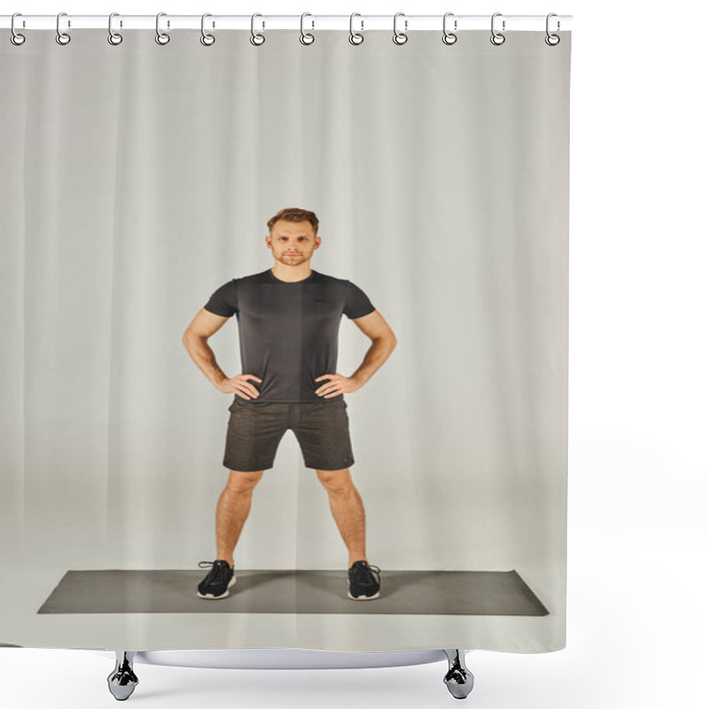 Personality  A Young Sportsman In Active Wear Stands On A Mat In Front Of A White Background, Showcasing Balance And Focus In A Studio. Shower Curtains