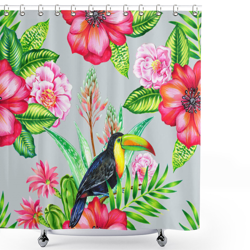 Personality  Toucan And Cammelias, Tropical Seamless Patern. Shower Curtains