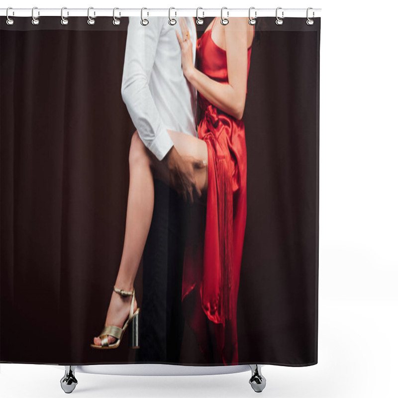 Personality  Cropped View Of African American Man Holding Leg Of Seductive Woman In Red Dress Isolated On Black With Copy Space Shower Curtains