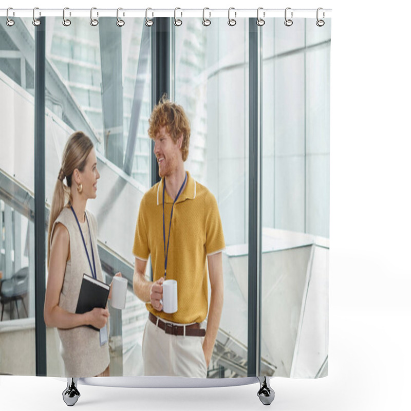 Personality  Two Happy Coworkers In Smart Wear Smiling And Talking To Each Other While On Coffee Break, Coworking Shower Curtains