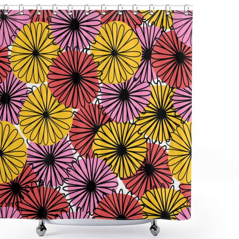 Personality  Repeating Abstract Flower Vector Pattern. Bold Florals Red Yellow Pink With Black Lines Repeating Background. Botanical Minimalistic Doodle Flowers Line Art Style. For Fabric, Home Decor Shower Curtains