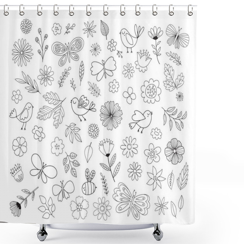 Personality  Cute Background With Cartoon Flowers, Birds And Butterflies, Vector Illustration Shower Curtains