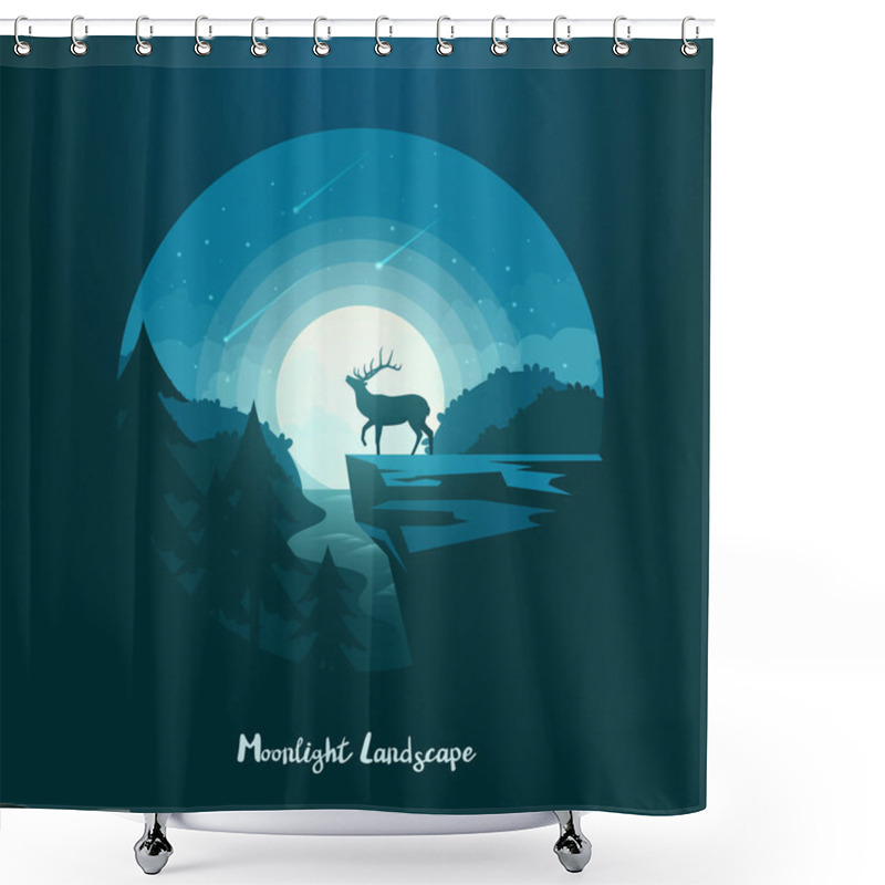 Personality  Deer Or Elk, Moose On Cliff At Midnight Landscape Shower Curtains