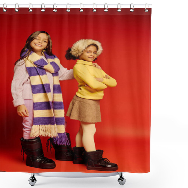 Personality  Two Happy Girls Showcase Their Stylish Holiday Outfits, Smiling Joyfully In A Warm Setting. Shower Curtains