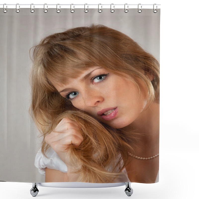 Personality  The Girl With Freckles On A Grey Backgro Shower Curtains