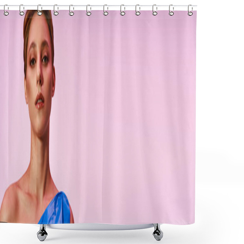 Personality  A Woman In A Blue Dress Looks Directly At The Camera Against A Pink Background. Shower Curtains