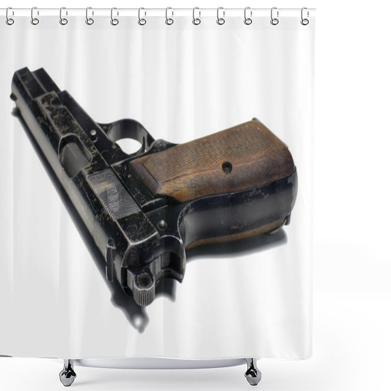 Personality  Old 9 Mm Pistol Close Up On White Background. Clipping Path (without Shadow). Shower Curtains