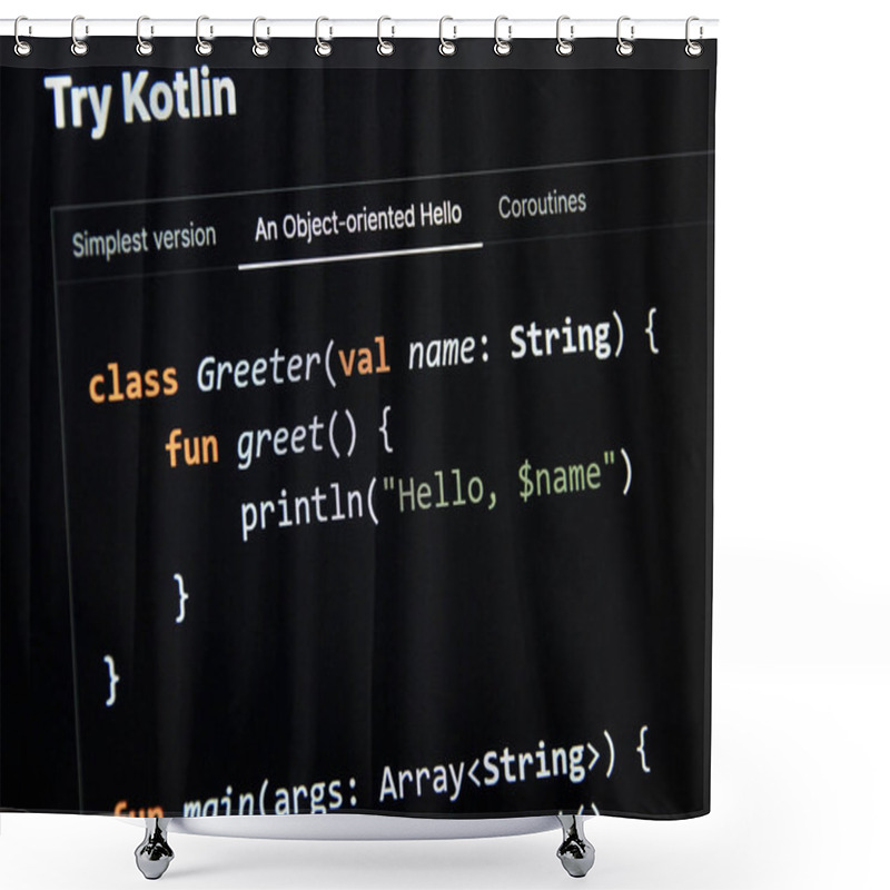 Personality  Kotlin Programming Language Piece Of Code On A Screen. Kotlin Is A Modern Popular Cross-platform, Statically Typed, General-purpose Programming Language Shower Curtains