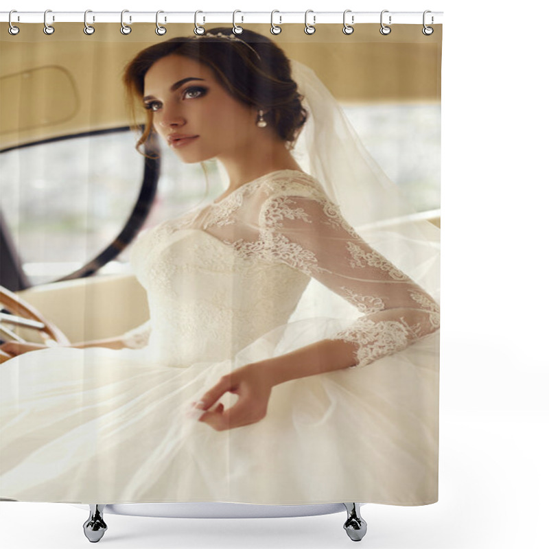 Personality  Beautiful Sensual Bride With Dark Hair In Luxurious Lace Wedding Dress   Shower Curtains