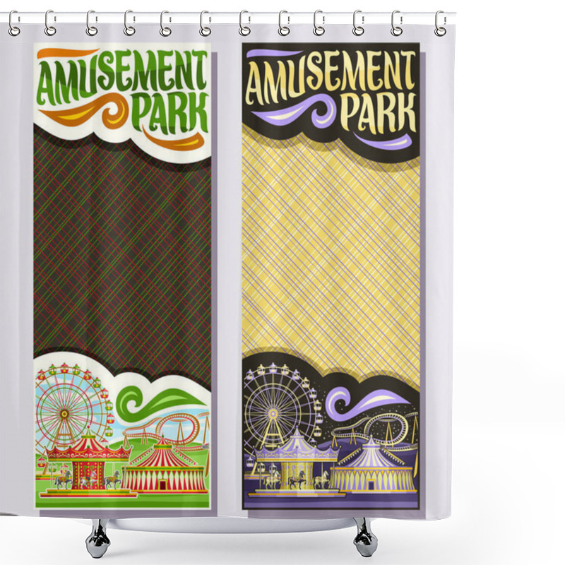 Personality  Vector Vertical Banners For Amusement Park With Copy Space, Cartoon Ferris Wheel, Roller Coaster, Merry Go Round Carrousel With Horses, Circus Big Top, Original Brush Typeface For Words Amusement Park Shower Curtains