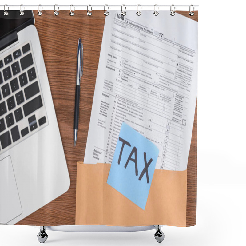 Personality  Top View Of Tax Form, Laptop And Blue Card With 'tax' Word At Workplace Shower Curtains