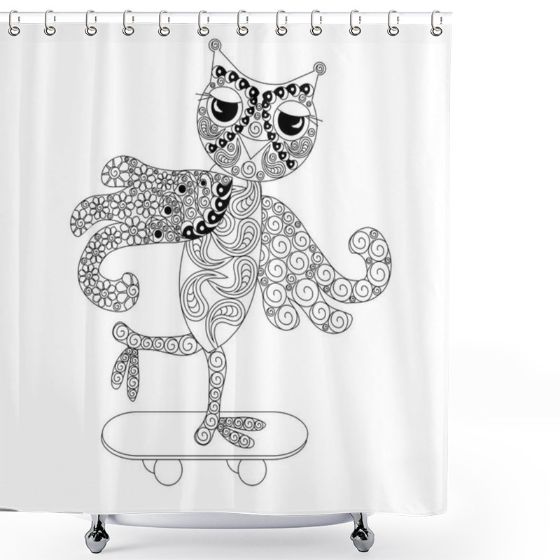 Personality  Stylized Monochrome Owl On Skateboard, Doodle Style Anti Stress Stock Vector Illustration Shower Curtains