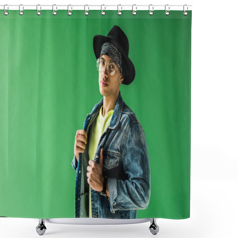 Personality  Stylish Mixed Race Man Posing And Looking At Camera On Green Screen With Copy Space Shower Curtains