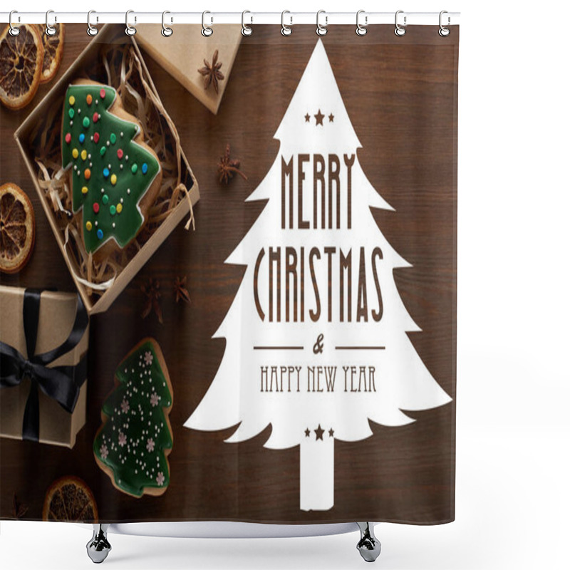 Personality  Top View Of Christmas Tree Cookie In Gift Box On Wooden Table With Merry Christmas And Happy New Year Illustration Shower Curtains