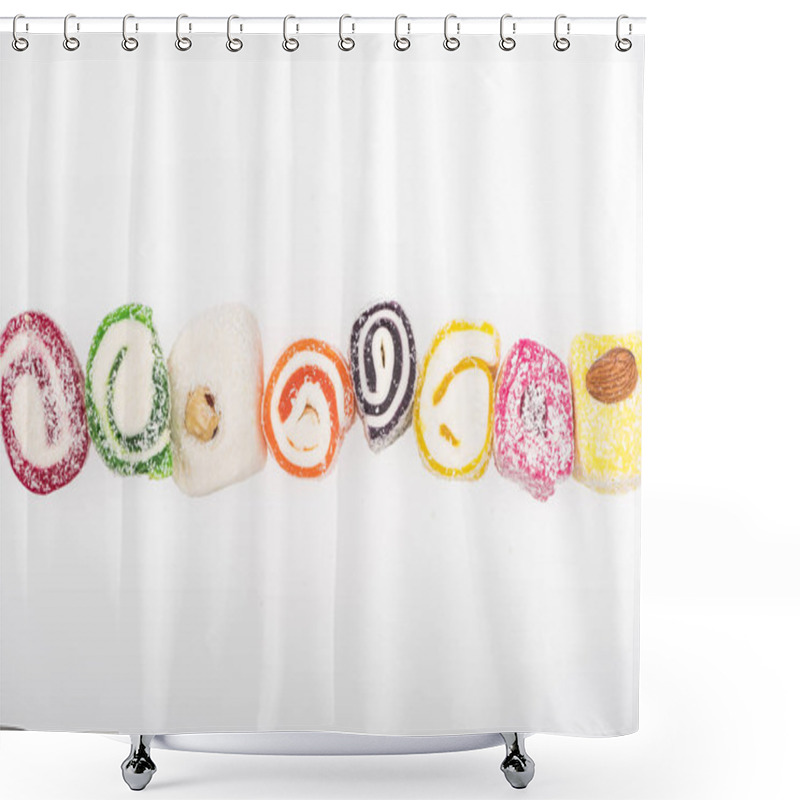 Personality  Top View Of Assorted Delicious Turkish Delight In Coconut Flakes In Row Isolated On White Shower Curtains