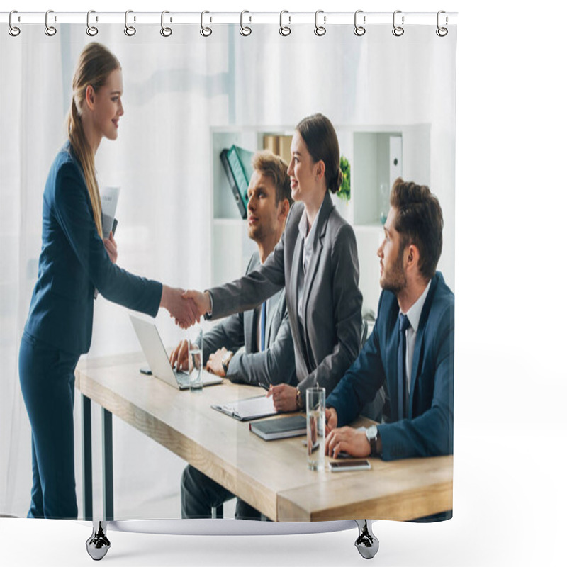 Personality  Smiling Employee Shaking Hands With Recruiter In Office  Shower Curtains