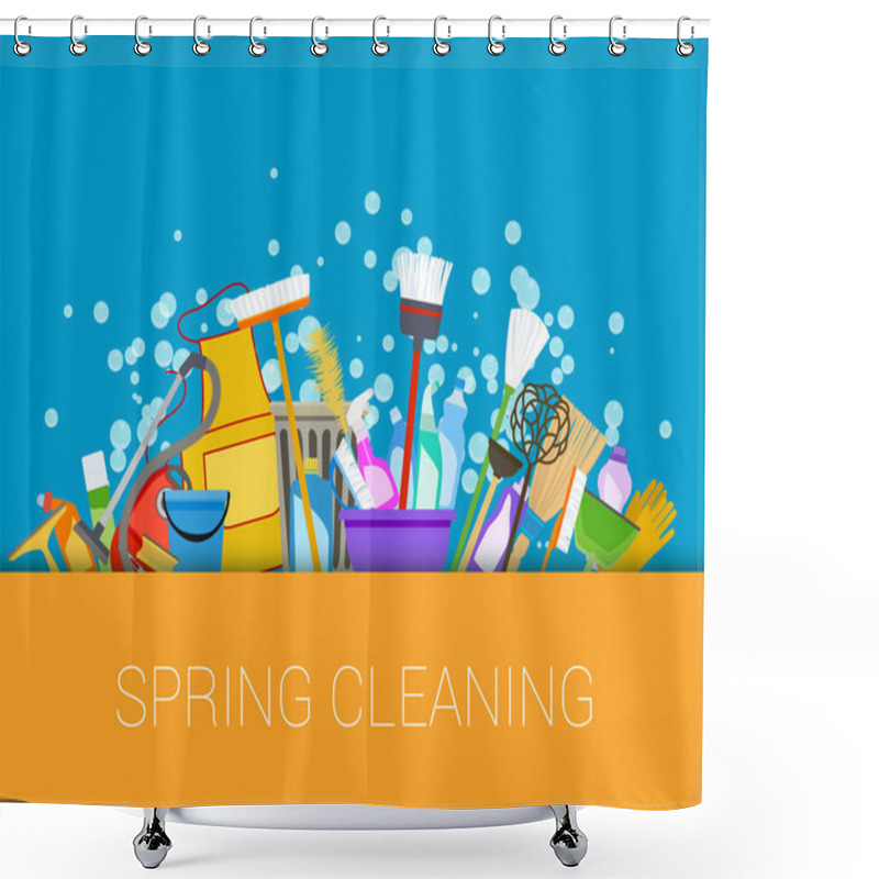 Personality  Spring Cleaning Background. Set Of Cleaning Supplies Shower Curtains