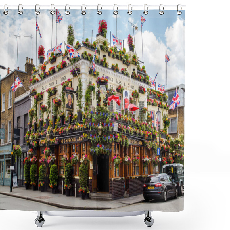 Personality  LONDON, UK - 28TH JUNE 2016: A View Of The Outside Of The Churchill Arms In London. Large Amounts Of Flowers And UK Decorations Can Be Seen On The Exterior. Shower Curtains