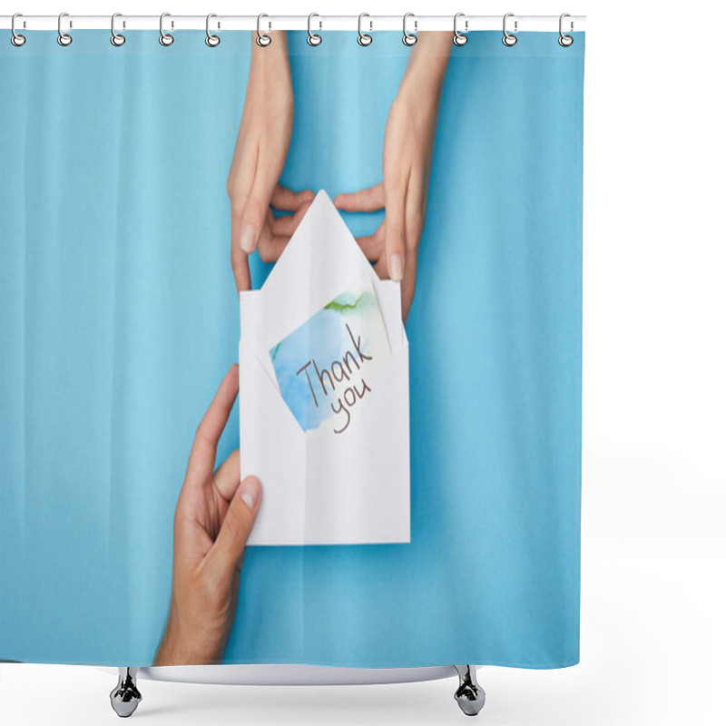 Personality  Cropped View Of Man Giving Greeting Card With Thank You Lettering In Envelope To Woman On Blue Background Shower Curtains