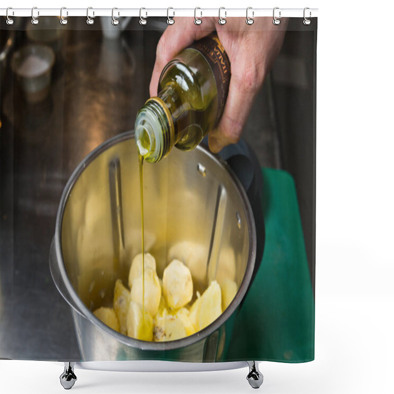 Personality  Extra Virgin Olive Oil Being Poured Onto Peeled Potatoes. Shower Curtains