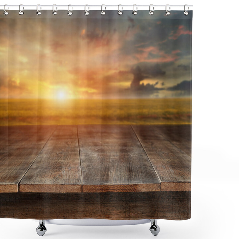 Personality  Wooden Table With Rural Scene In Background Shower Curtains