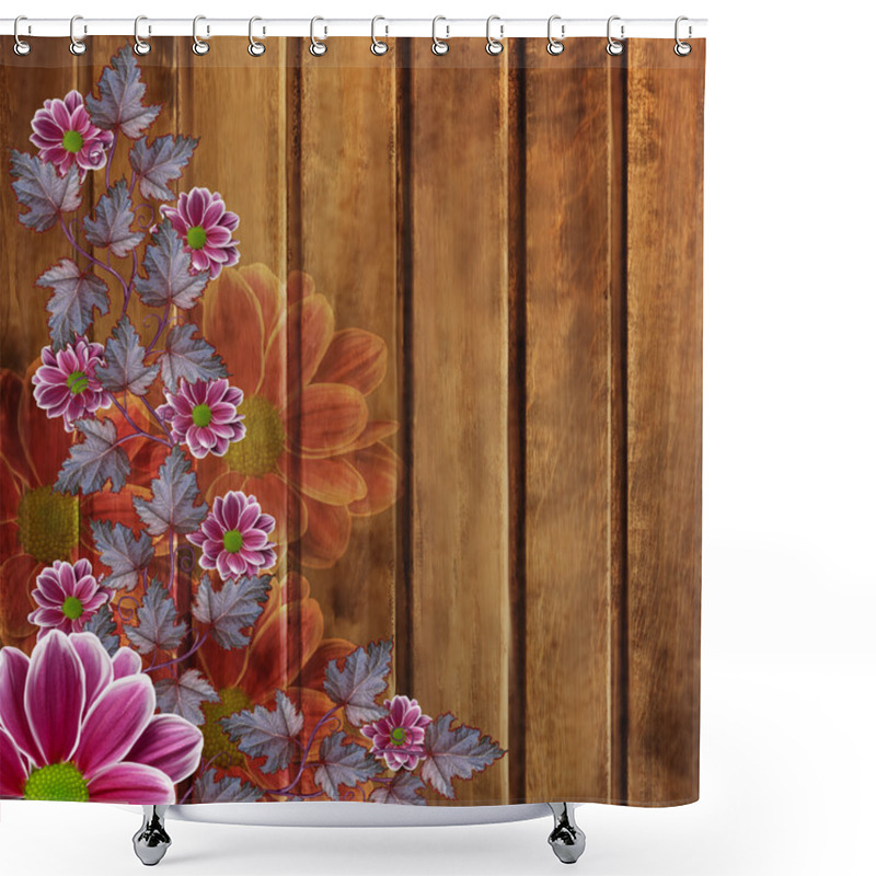 Personality  Autumn Background. Wooden Board, Swirls Of Leaves, Flowers, Chry Shower Curtains