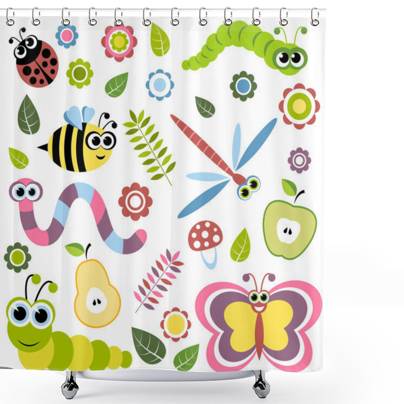 Personality  Background With Cartoon Insects, Flowers, Leaves, Apple And Pear Shower Curtains